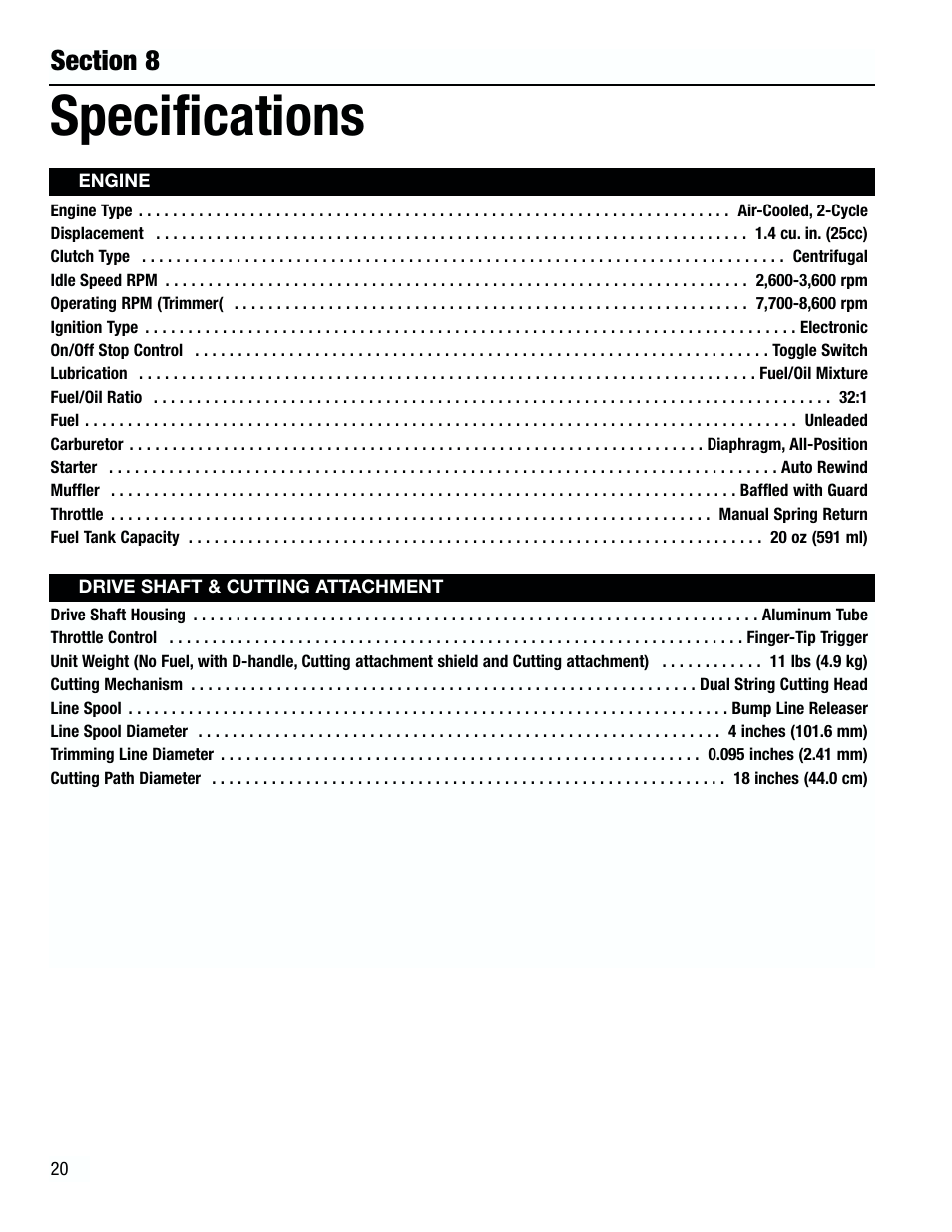 Specifications | Troy-Bilt TB3000 User Manual | Page 20 / 22