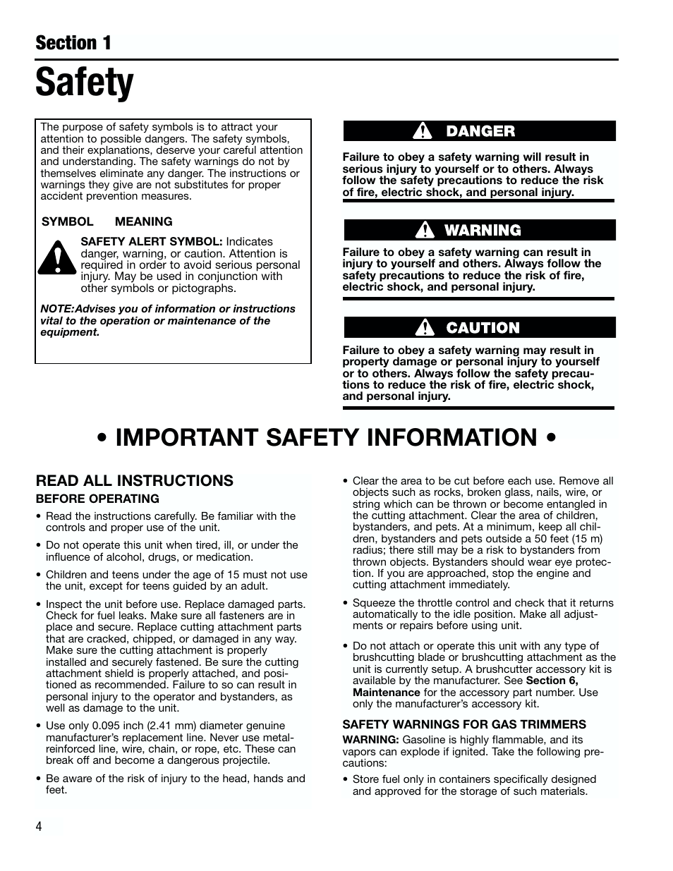 Safety, Important safety information | Troy-Bilt TB3000 User Manual | Page 4 / 22