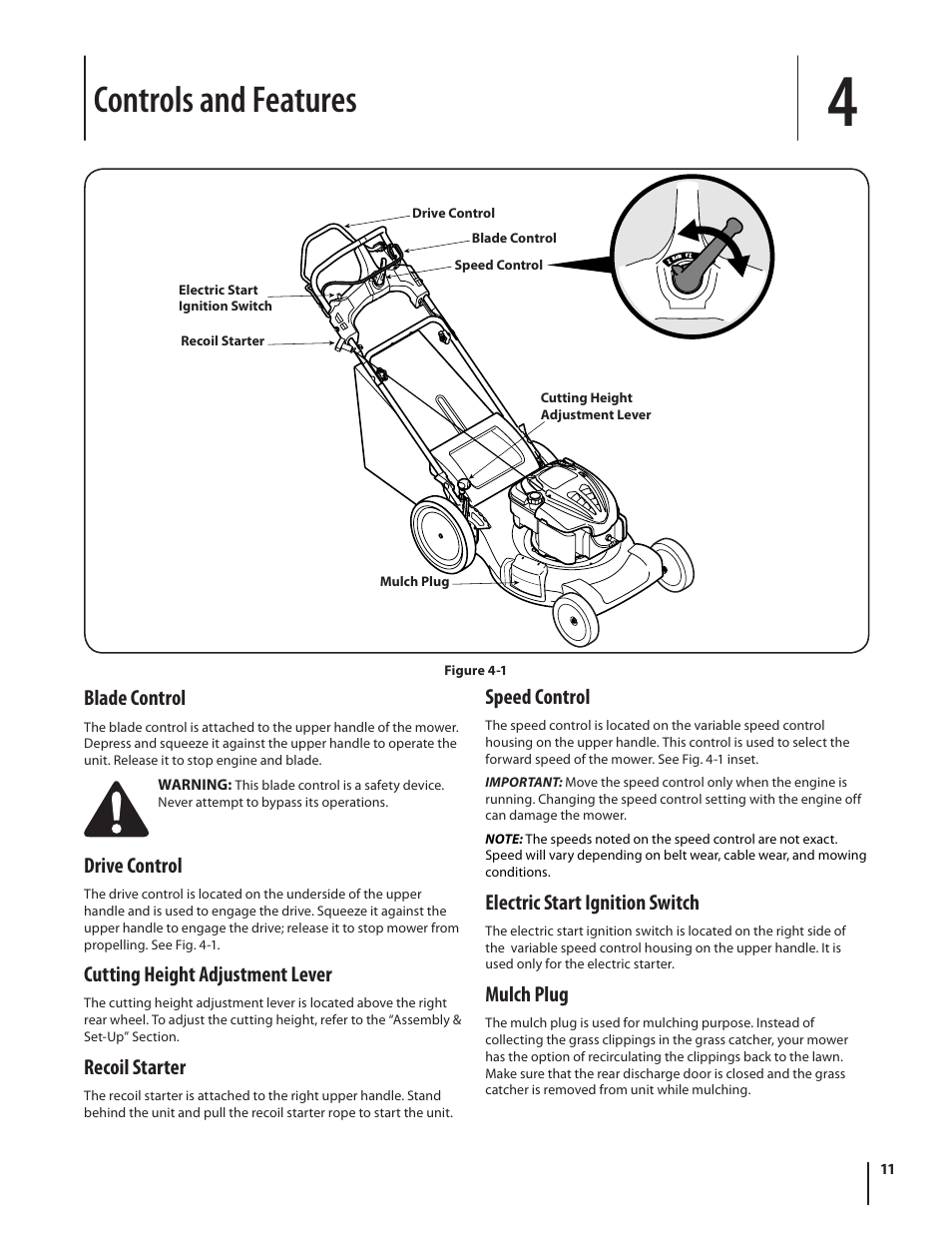 Controls and features, Blade control, Drive control | Cutting height adjustment lever, Recoil starter, Speed control, Electric start ignition switch, Mulch plug | Troy-Bilt J860 User Manual | Page 11 / 28