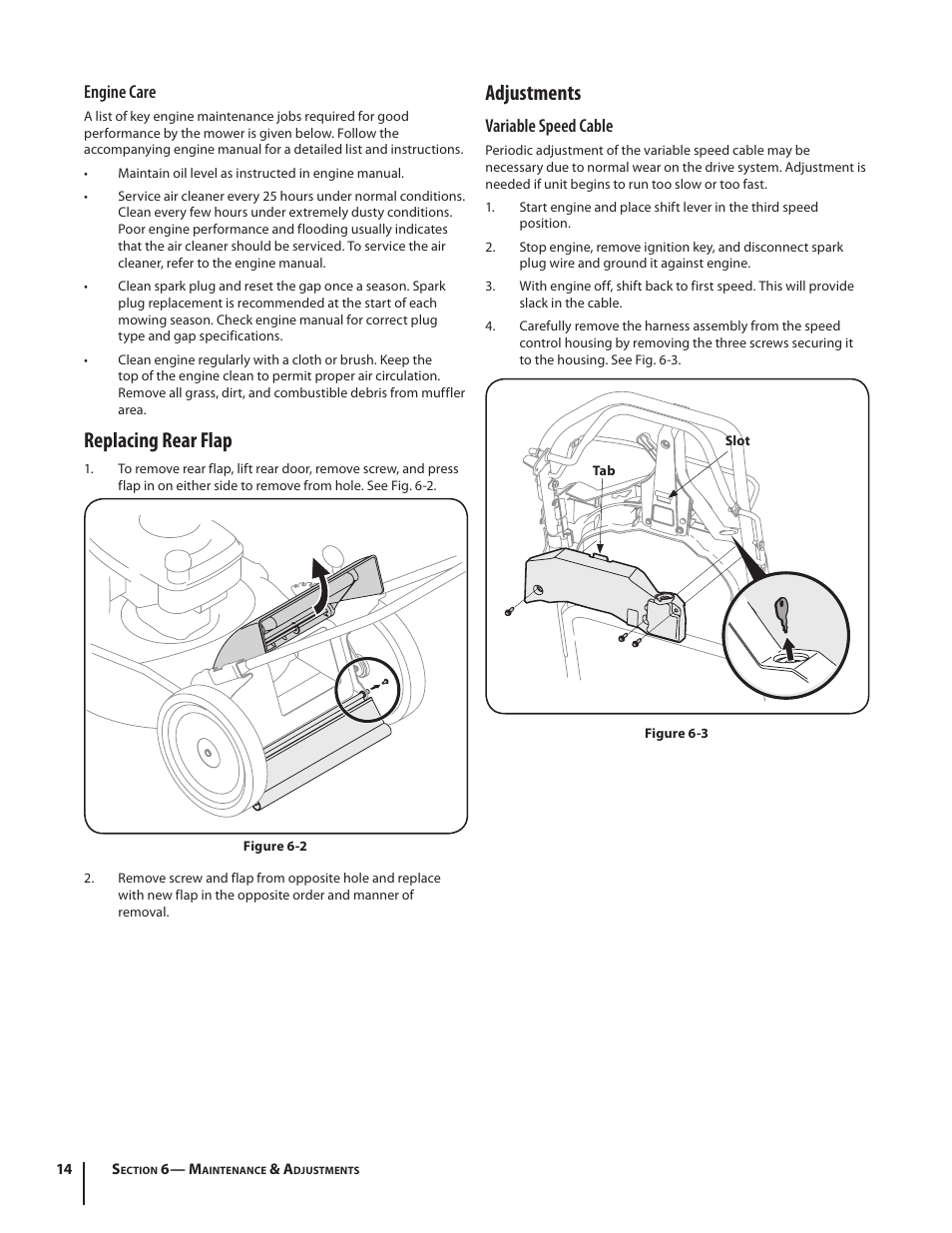 Replacing rear flap, Adjustments, Engine care | Variable speed cable | Troy-Bilt J860 User Manual | Page 14 / 28