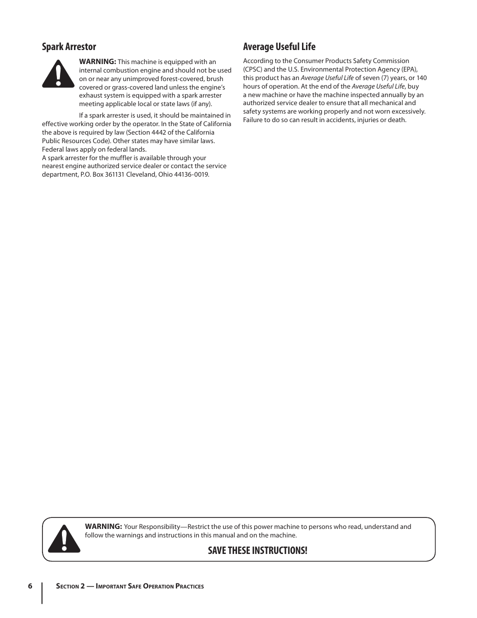Spark arrestor, Average useful life, Save these instructions | Troy-Bilt J860 User Manual | Page 6 / 28