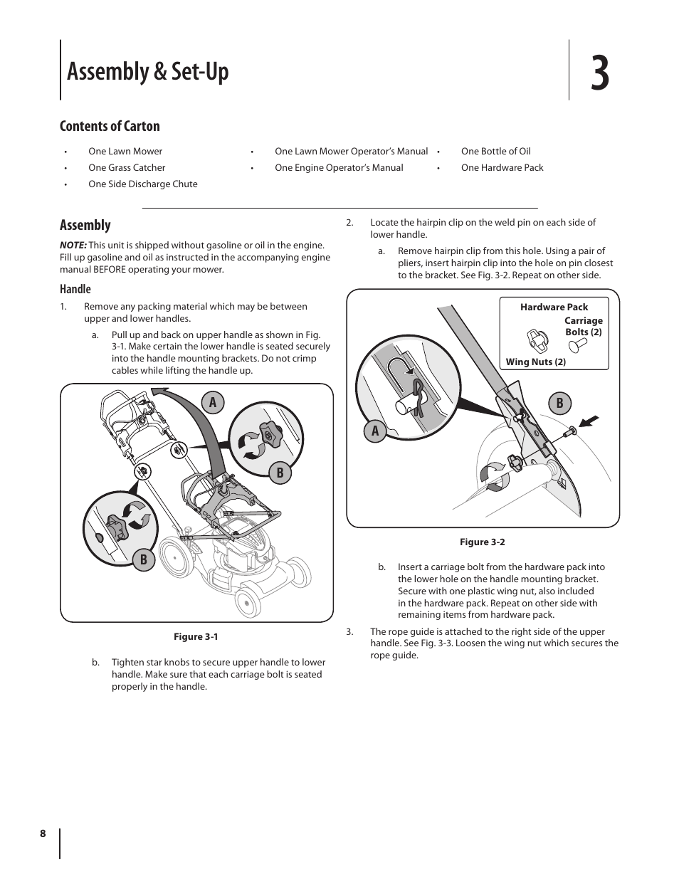 Assembly & set-up, Assembly, Contents of carton | Troy-Bilt J860 User Manual | Page 8 / 28