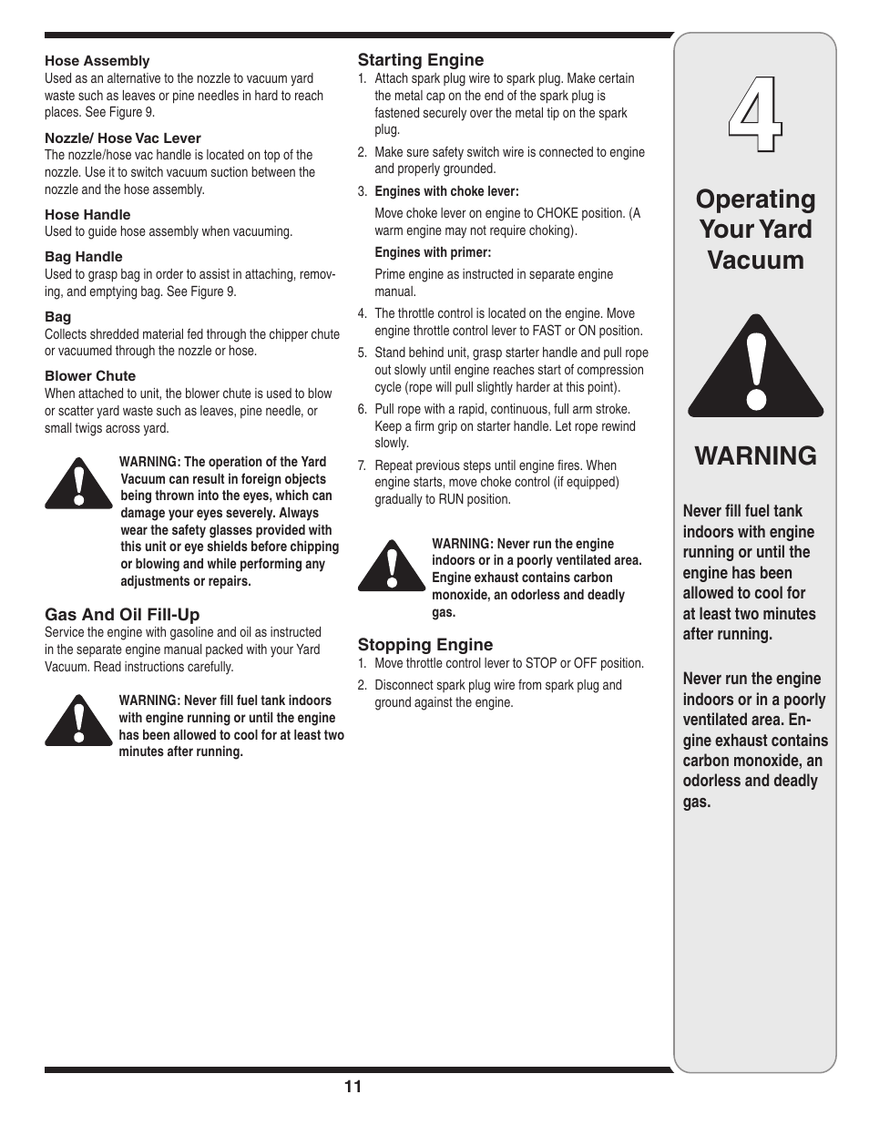 Operating your yard vacuum warning | Troy-Bilt 24A-070F768 User Manual | Page 11 / 24
