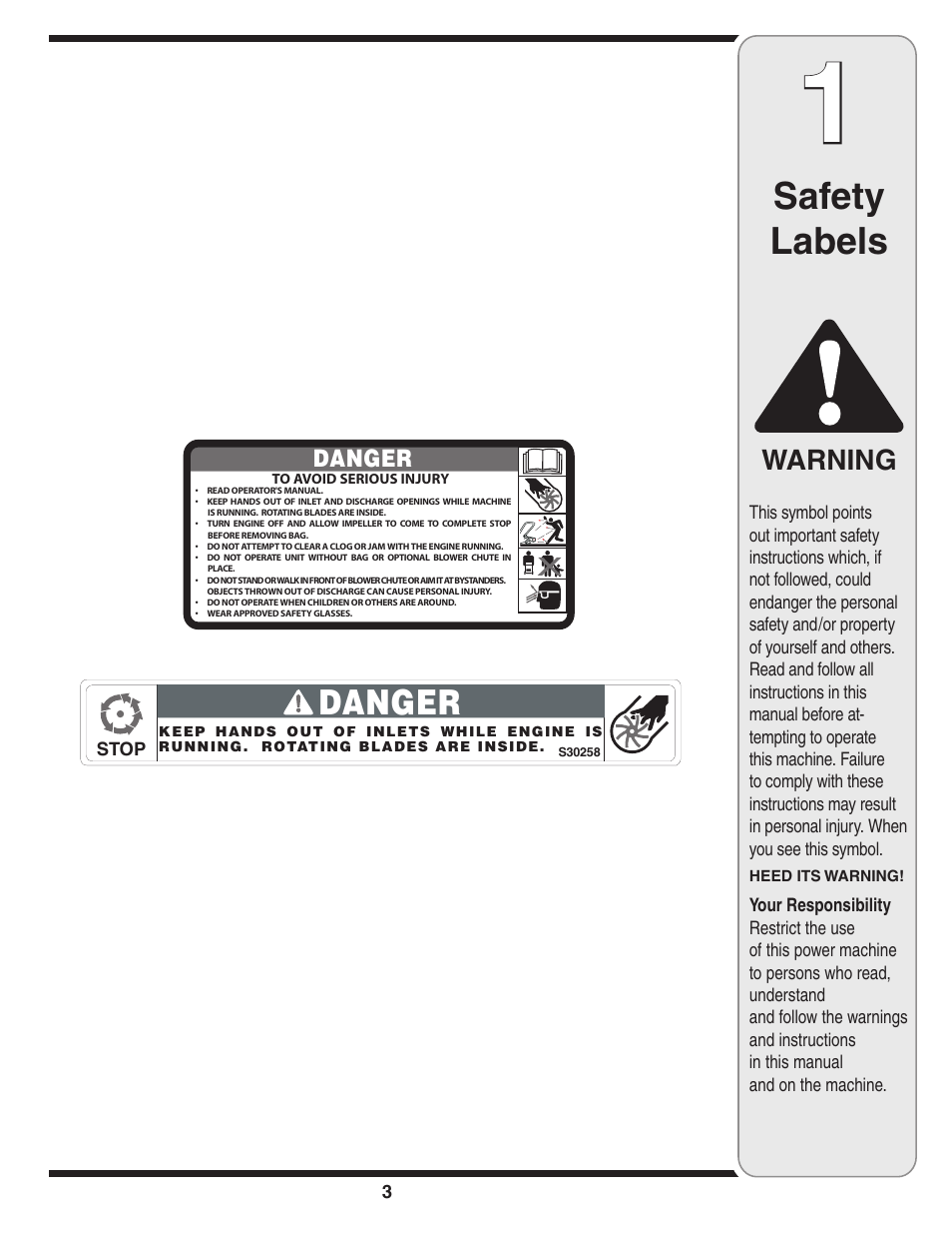 Safety labels, Warning | Troy-Bilt 24A-070F768 User Manual | Page 3 / 24