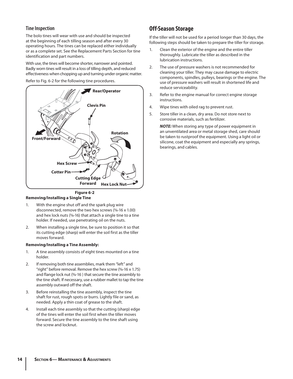 Off-season storage, Tine inspection | Troy-Bilt 340 User Manual | Page 14 / 36