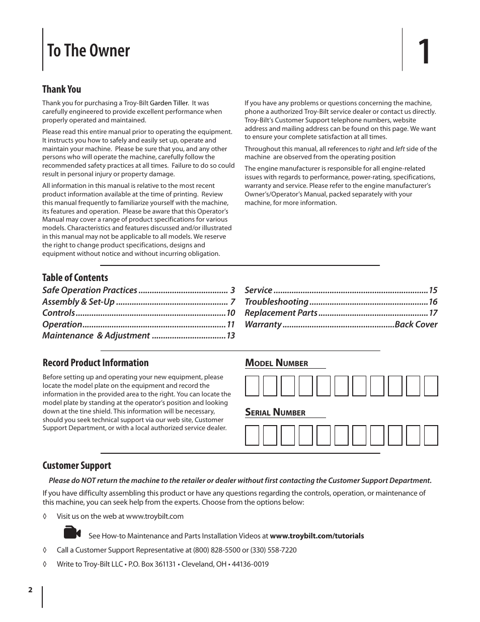 Table of contents customer support | Troy-Bilt 340 User Manual | Page 2 / 36