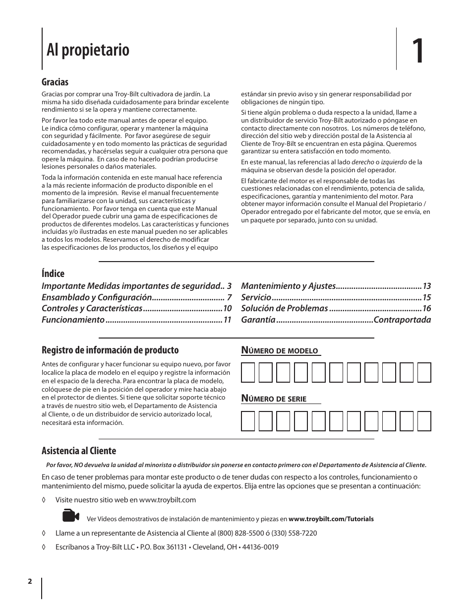 Al propietario, Asistencia al cliente, Gracias | Índice n, Registro de información de producto | Troy-Bilt 340 User Manual | Page 20 / 36