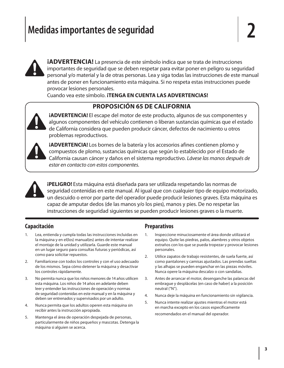Medidas importantes de seguridad, Capacitación, Preparativos | Advertencia, Proposición 65 de california | Troy-Bilt 340 User Manual | Page 21 / 36