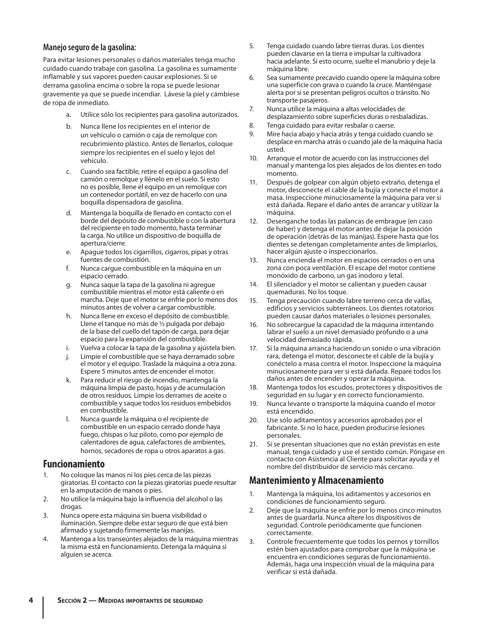Mantenimiento y almacenamiento, Funcionamiento, Manejo seguro de la gasolina | Troy-Bilt 340 User Manual | Page 22 / 36