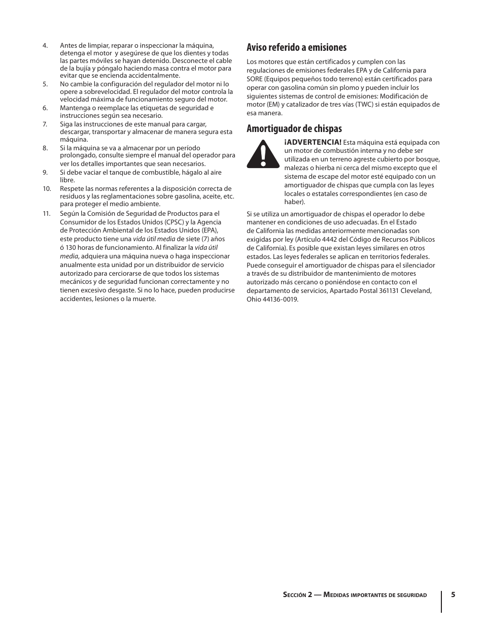 Aviso referido a emisiones, Amortiguador de chispas | Troy-Bilt 340 User Manual | Page 23 / 36