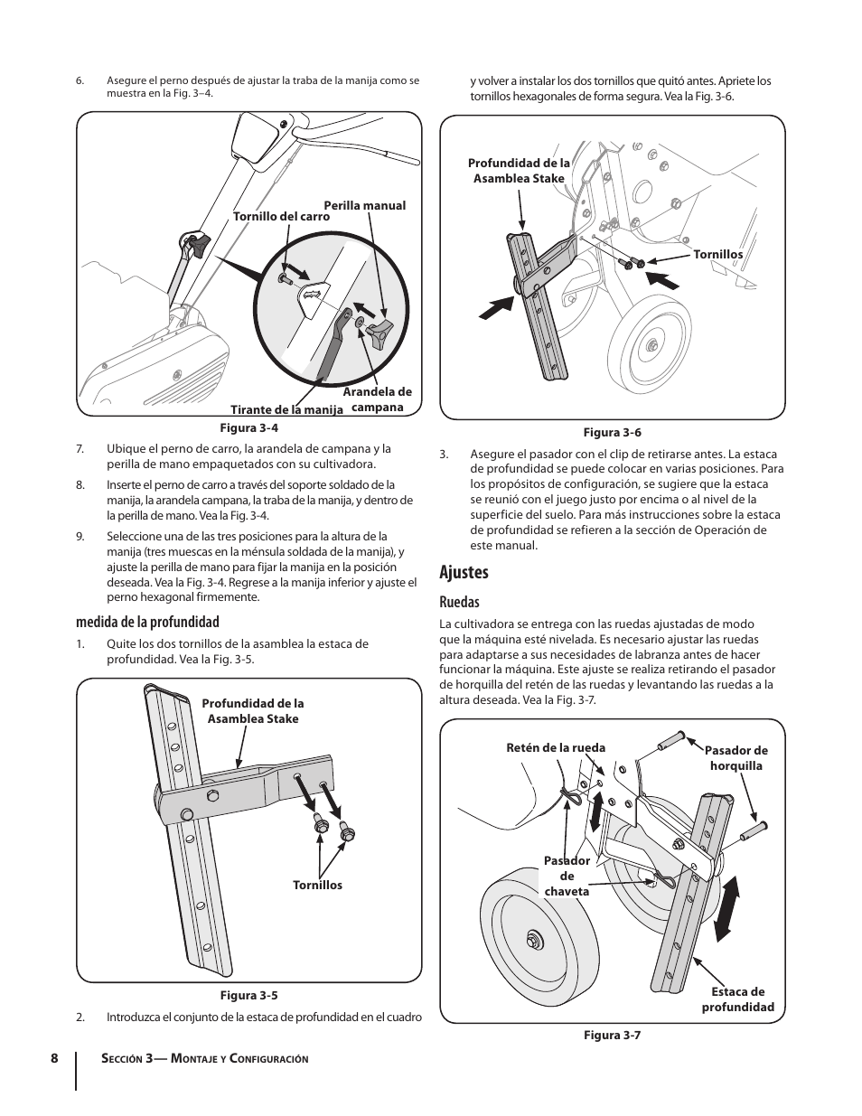 Ajustes, Ruedas, Medida de la profundidad | Troy-Bilt 340 User Manual | Page 26 / 36