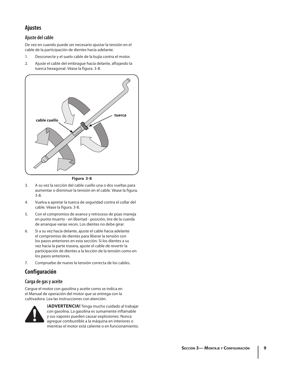 Ajustes, Configuración, Ajuste del cable | Carga de gas y aceite | Troy-Bilt 340 User Manual | Page 27 / 36