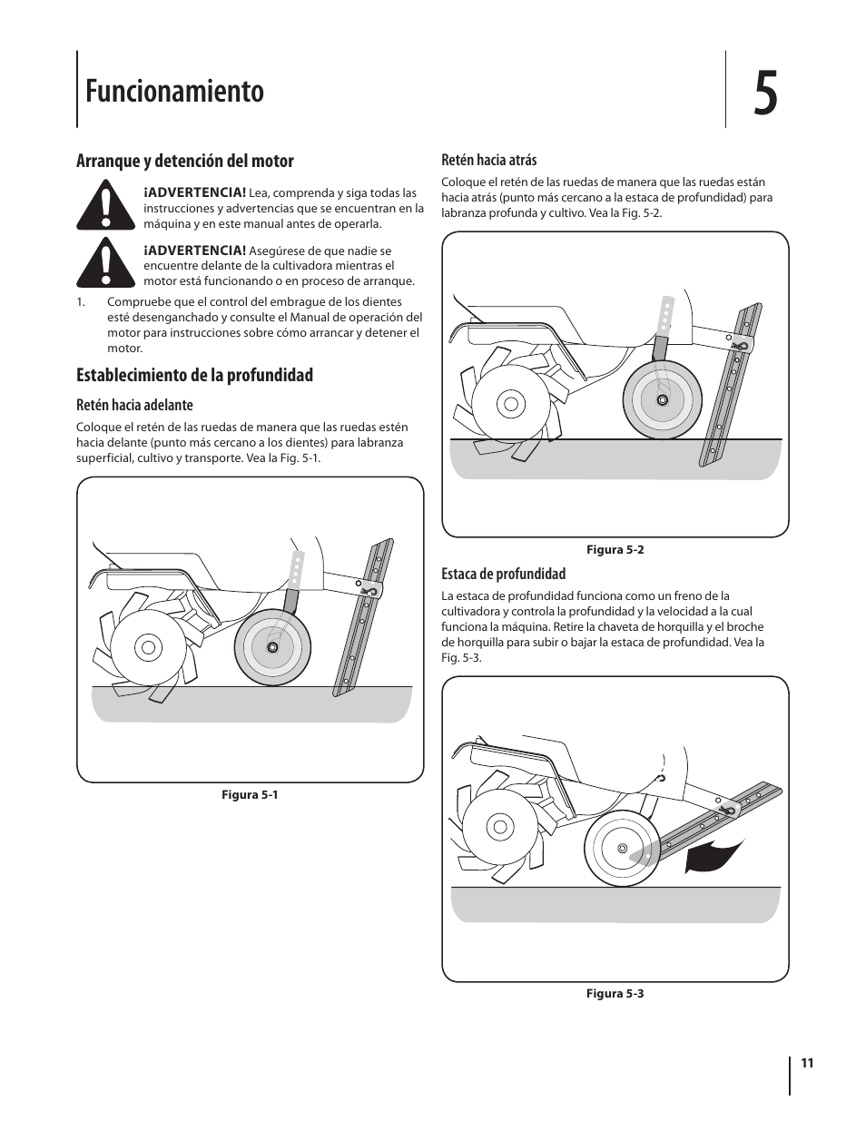 Funcionamiento, Arranque y detención del motor, Establecimiento de la profundidad | Troy-Bilt 340 User Manual | Page 29 / 36