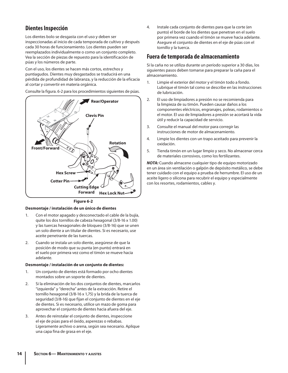 Dientes inspección, Fuera de temporada de almacenamiento | Troy-Bilt 340 User Manual | Page 32 / 36