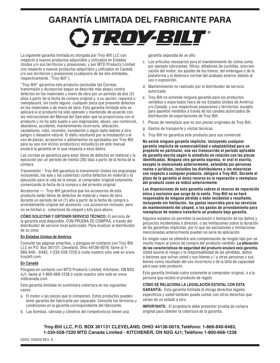 Garantía limitada del fabricante para | Troy-Bilt 340 User Manual | Page 36 / 36