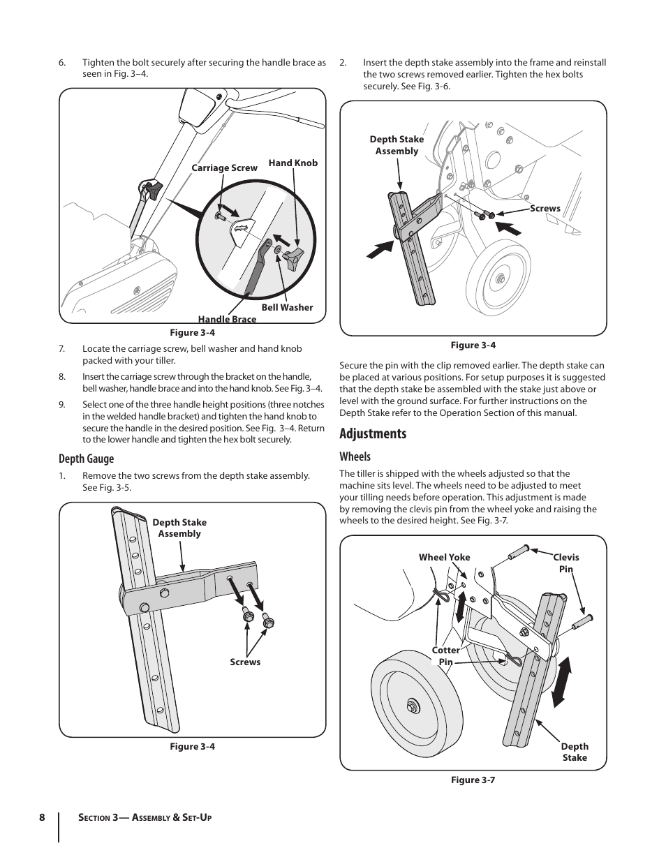 Adjustments, Wheels, Depth gauge | Troy-Bilt 340 User Manual | Page 8 / 36