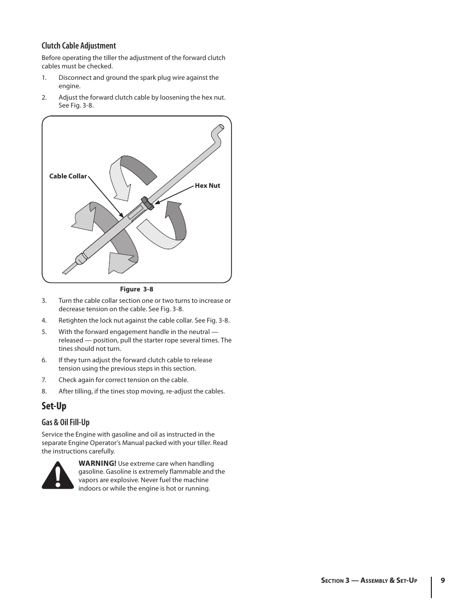 Set-up, Clutch cable adjustment, Gas & oil fill-up | Troy-Bilt 340 User Manual | Page 9 / 36