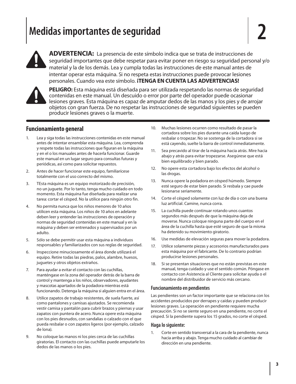 Medidas importantes de seguridad, Funcionamiento general, Advertencia | Troy-Bilt TBR16 User Manual | Page 15 / 24