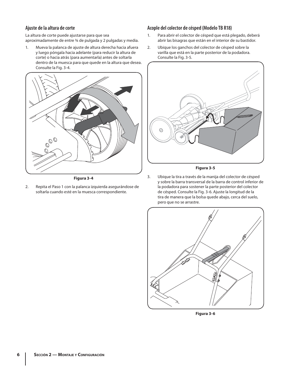 Ajuste de la altura de corte, Acople del colector de césped (modelo tb r18) | Troy-Bilt TBR16 User Manual | Page 18 / 24