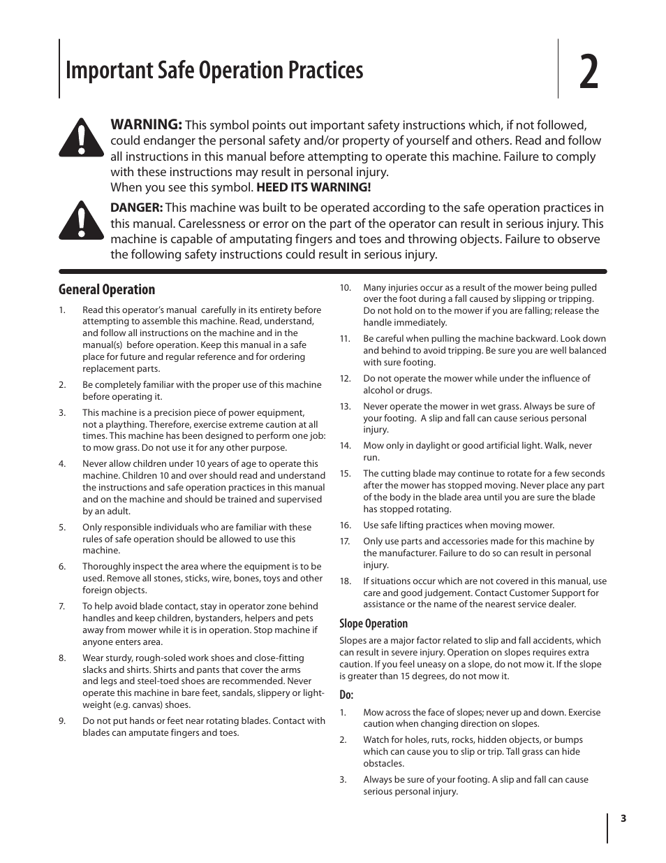 Important safe operation practices, General operation, Warning | Troy-Bilt TBR16 User Manual | Page 3 / 24