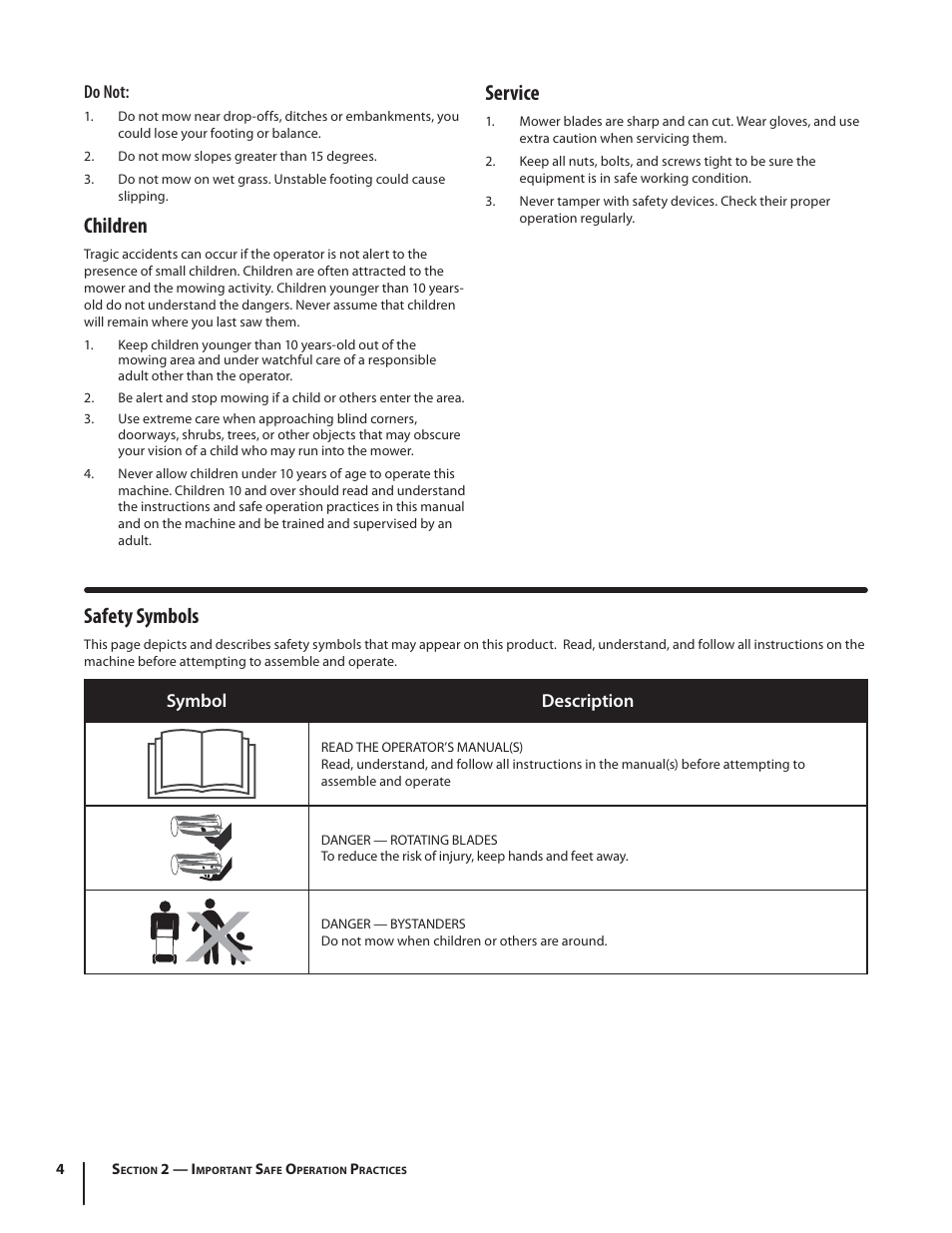 Safety symbols, Children, Service | Symbol description, Do not | Troy-Bilt TBR16 User Manual | Page 4 / 24