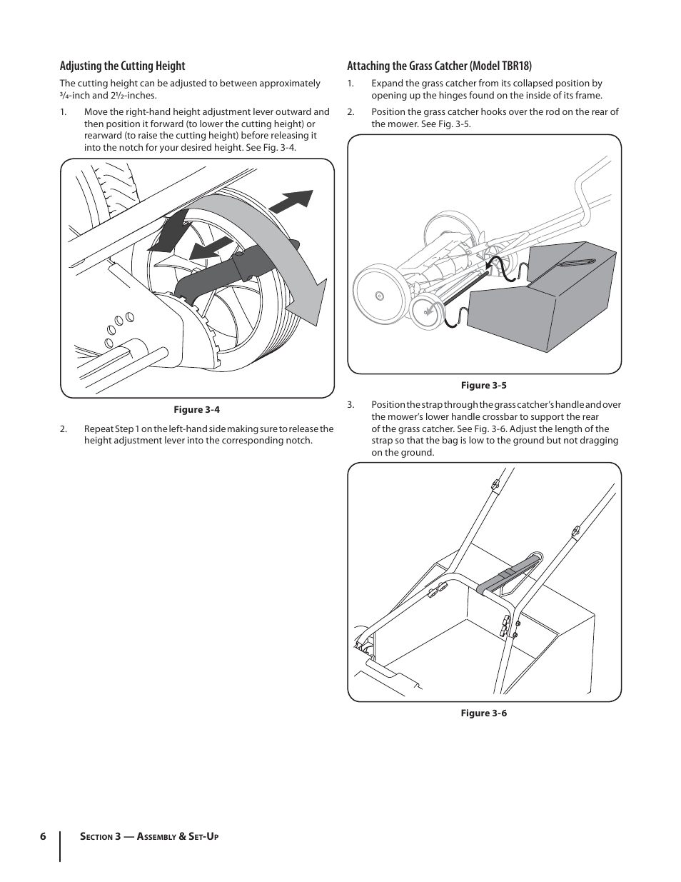 Adjusting the cutting height, Attaching the grass catcher (model tbr18) | Troy-Bilt TBR16 User Manual | Page 6 / 24