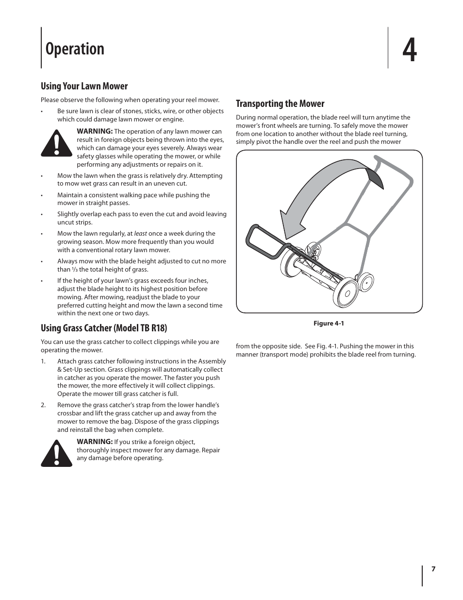 Operation, Transporting the mower, Using your lawn mower | Using grass catcher (model tb r18) | Troy-Bilt TBR16 User Manual | Page 7 / 24