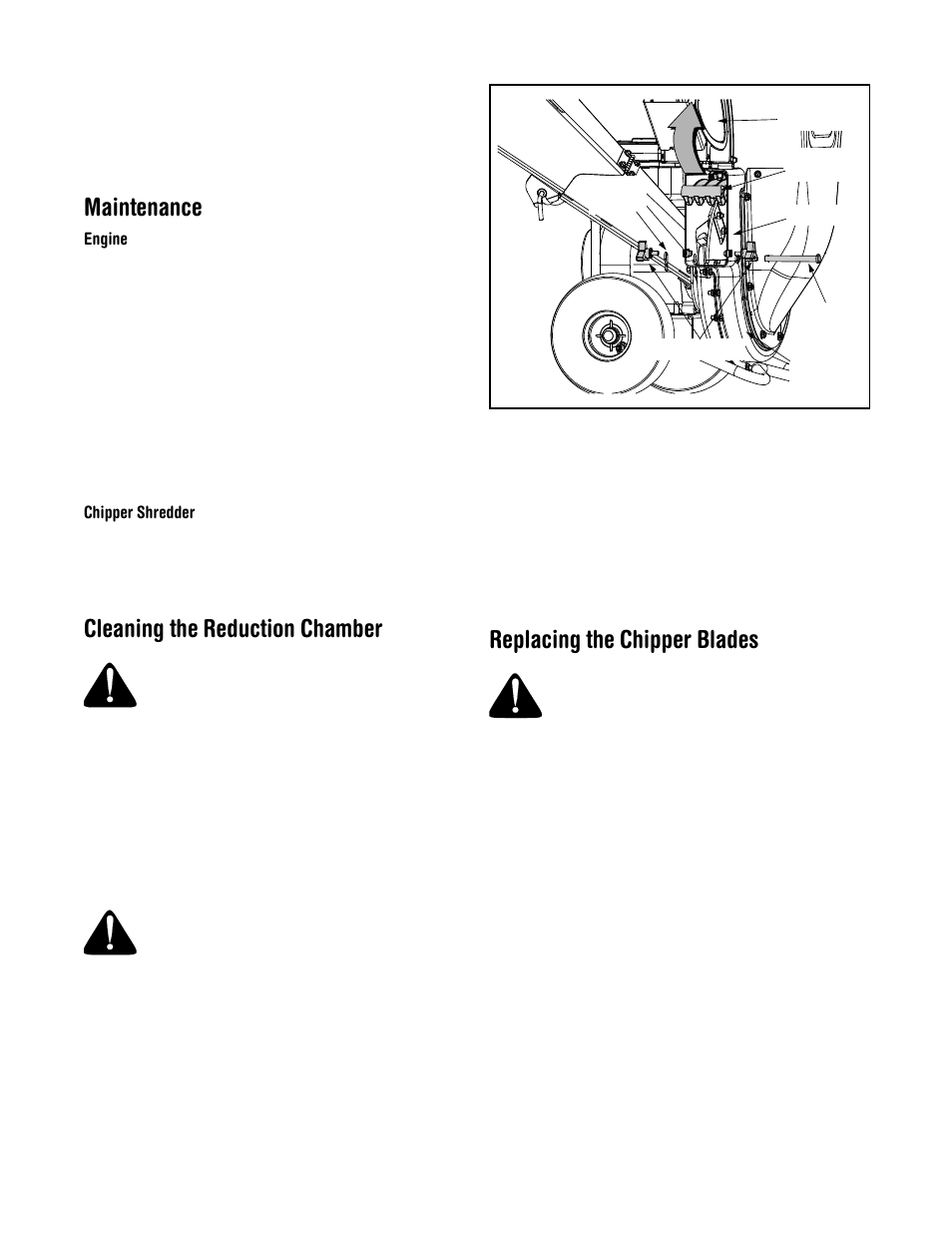 Maintenance, Cleaning the reduction chamber, Replacing the chipper blades | Troy-Bilt CS4210 User Manual | Page 10 / 13