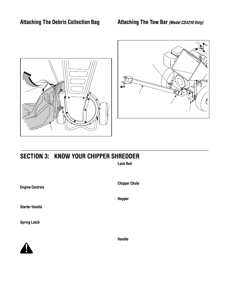 Attaching the debris collection bag, Attaching the tow bar | Troy-Bilt CS4210 User Manual | Page 6 / 13