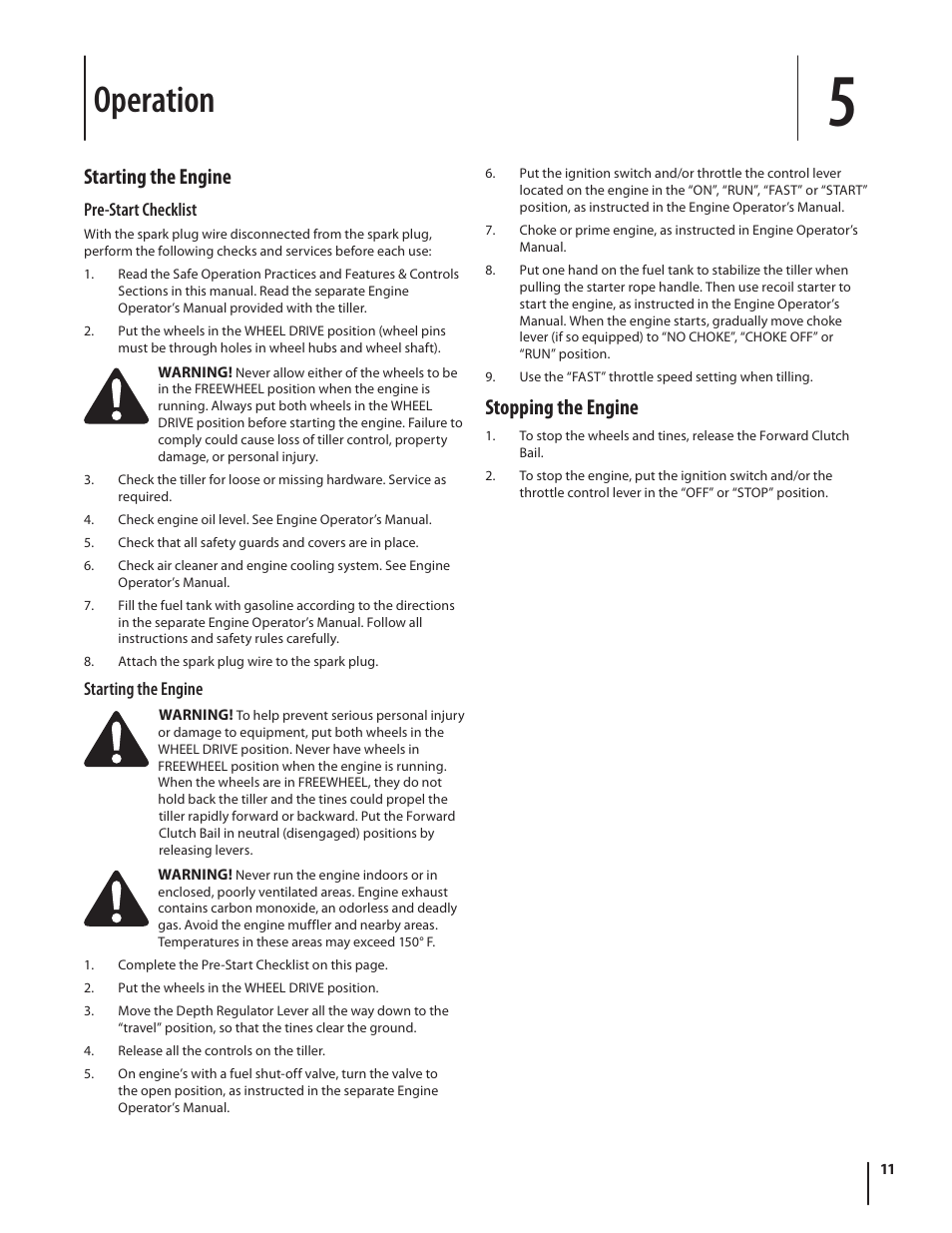 Operation, Starting the engine, Stopping the engine | Troy-Bilt 769-03618 User Manual | Page 11 / 48