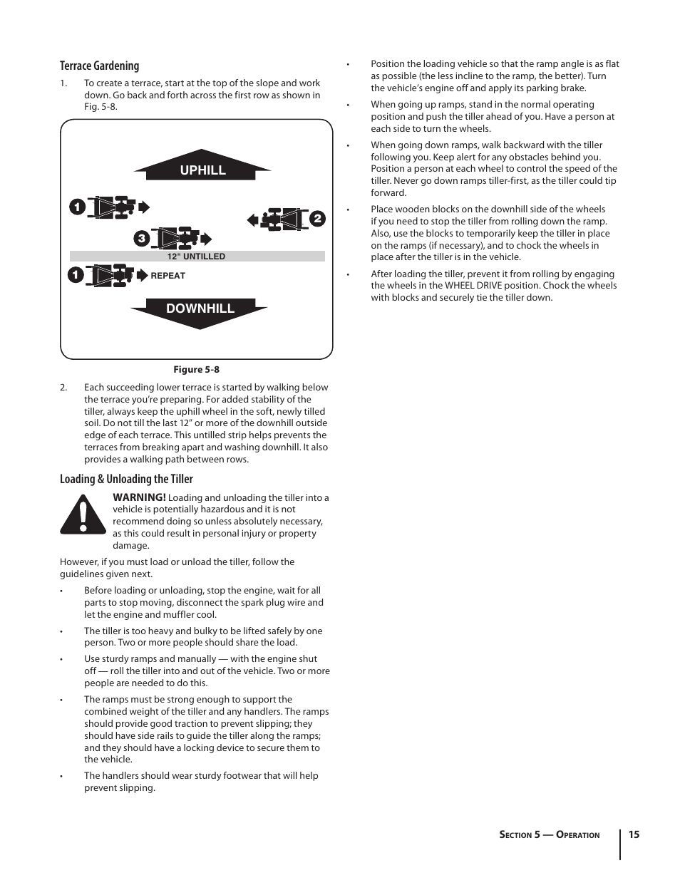 Terrace gardening, Loading & unloading the tiller | Troy-Bilt 769-03618 User Manual | Page 15 / 48