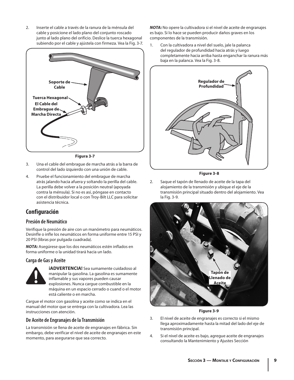 Configuración, Presión de neumático, Carga de gas y aceite | De aceite de engranajes de la transmisión | Troy-Bilt 769-03618 User Manual | Page 33 / 48