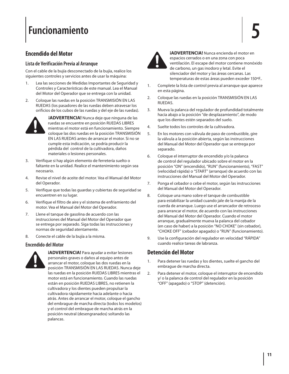 Funcionamiento, Encendido del motor, Detención del motor | Troy-Bilt 769-03618 User Manual | Page 35 / 48