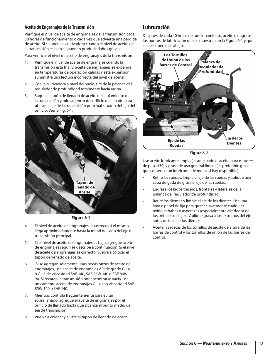 Lubrucación, Aceite de engranajes de la transmisión | Troy-Bilt 769-03618 User Manual | Page 41 / 48