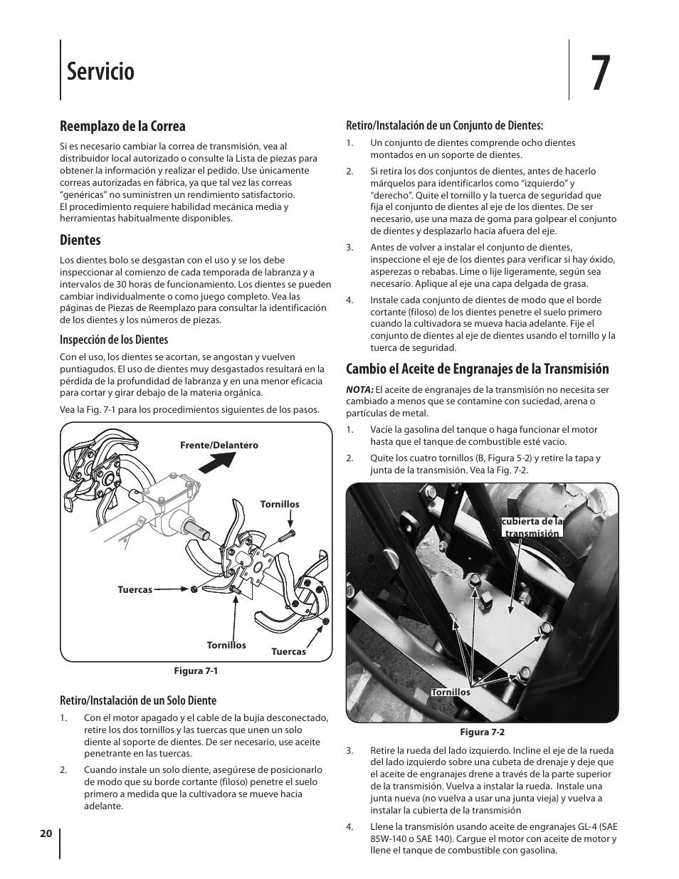 Servicio, Reemplazo de la correa, Dientes | Cambio el aceite de engranajes de la transmisión | Troy-Bilt 769-03618 User Manual | Page 44 / 48