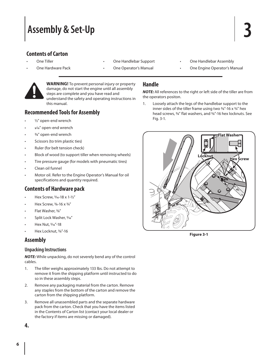 Assembly & set-up, Recommended tools for assembly, Contents of hardware pack | Assembly, Handle, Contents of carton | Troy-Bilt 769-03618 User Manual | Page 6 / 48