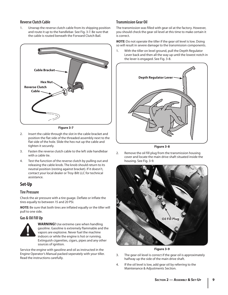 Set-up, Reverse clutch cable, Tire pressure | Gas & oil fill up, Transmission gear oil | Troy-Bilt 769-03618 User Manual | Page 9 / 48