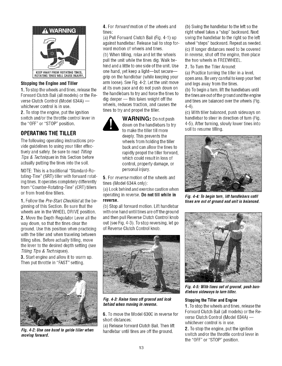 Ik warning, Operating the tiller, Warning | Troy-Bilt TUFFY 1634A User Manual | Page 13 / 32