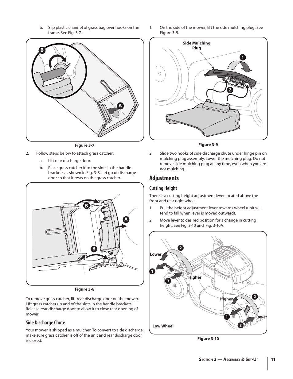 Adjustments, Cutting height, Side discharge chute | Troy-Bilt TB260 User Manual | Page 11 / 52