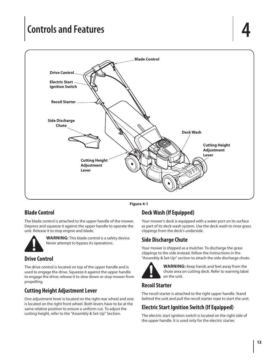 Controls and features, Blade control, Drive control | Cutting height adjustment lever, Deck wash (if equipped), Side discharge chute, Recoil starter, Electric start ignition switch (if equipped) | Troy-Bilt TB260 User Manual | Page 13 / 52