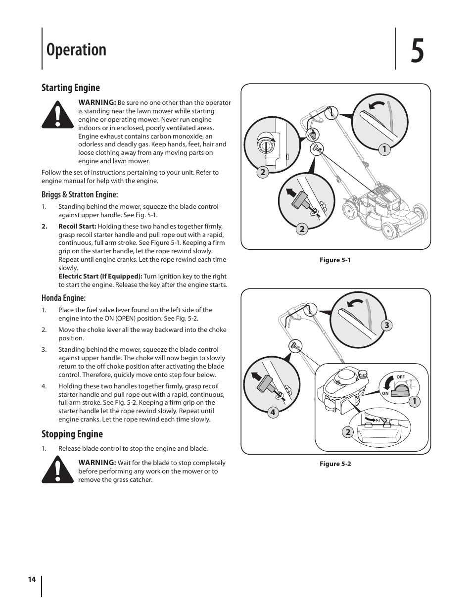 Operation, Starting engine, Stopping engine | Troy-Bilt TB260 User Manual | Page 14 / 52