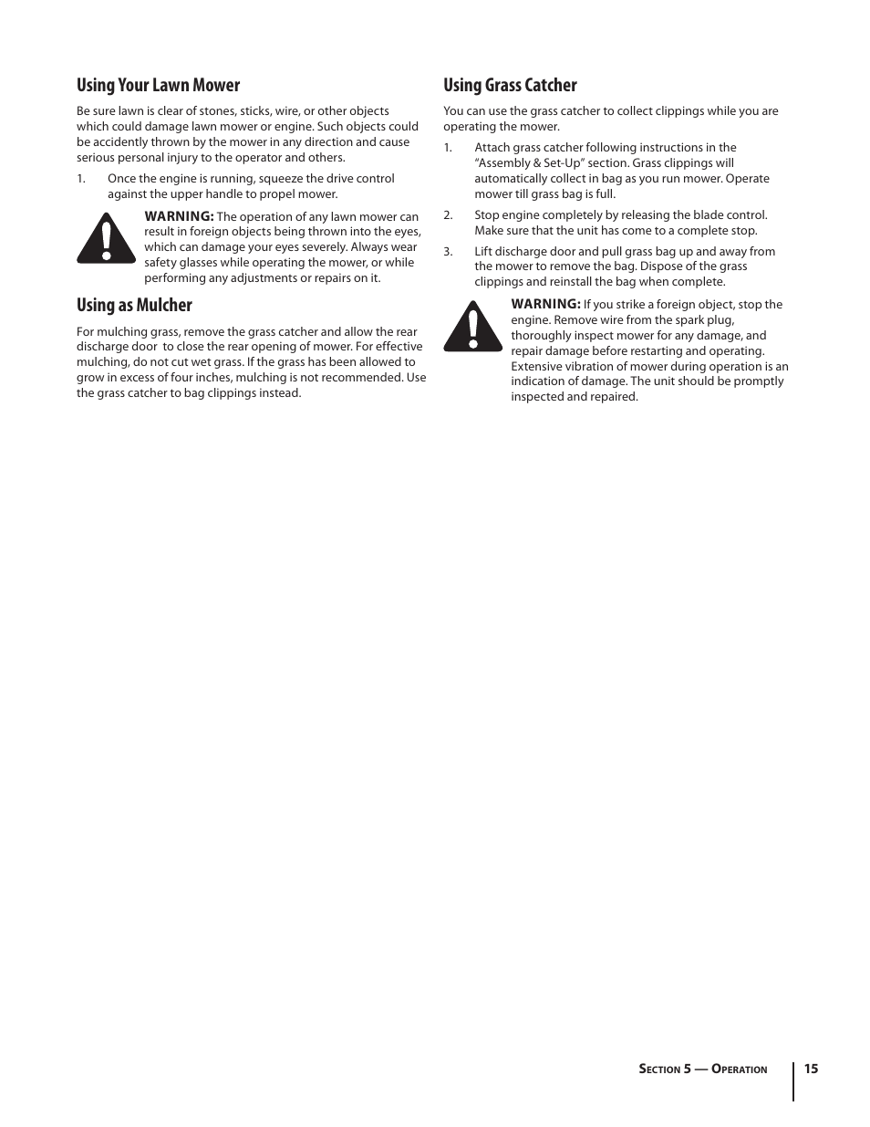 Using your lawn mower, Using as mulcher, Using grass catcher | Troy-Bilt TB260 User Manual | Page 15 / 52
