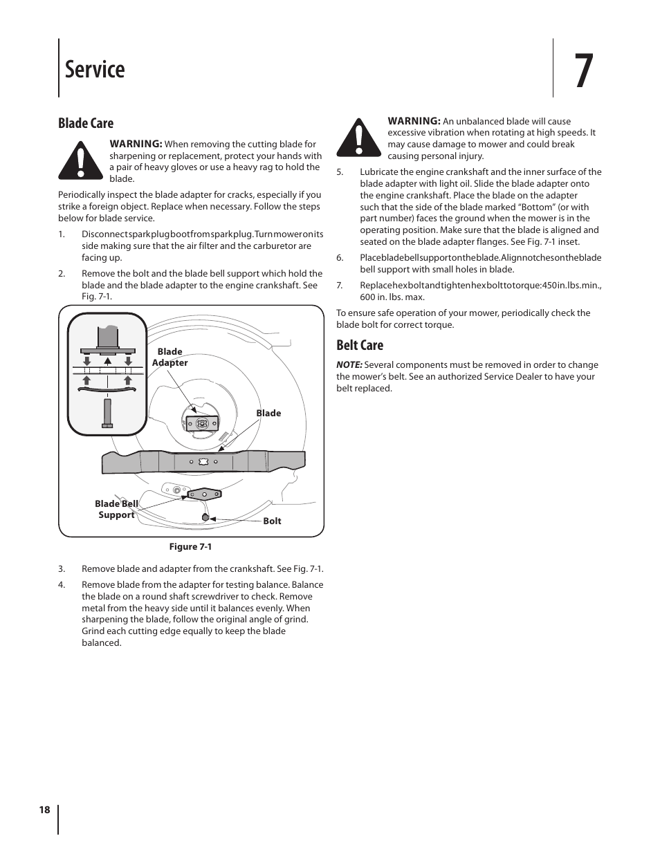 Service, Belt care, Blade care | Troy-Bilt TB260 User Manual | Page 18 / 52