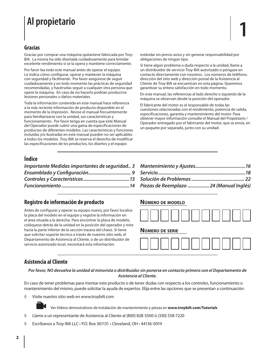 Al propietario, Gracias, Índice n | Registro de información de producto, Asistencia al cliente | Troy-Bilt TB260 User Manual | Page 28 / 52