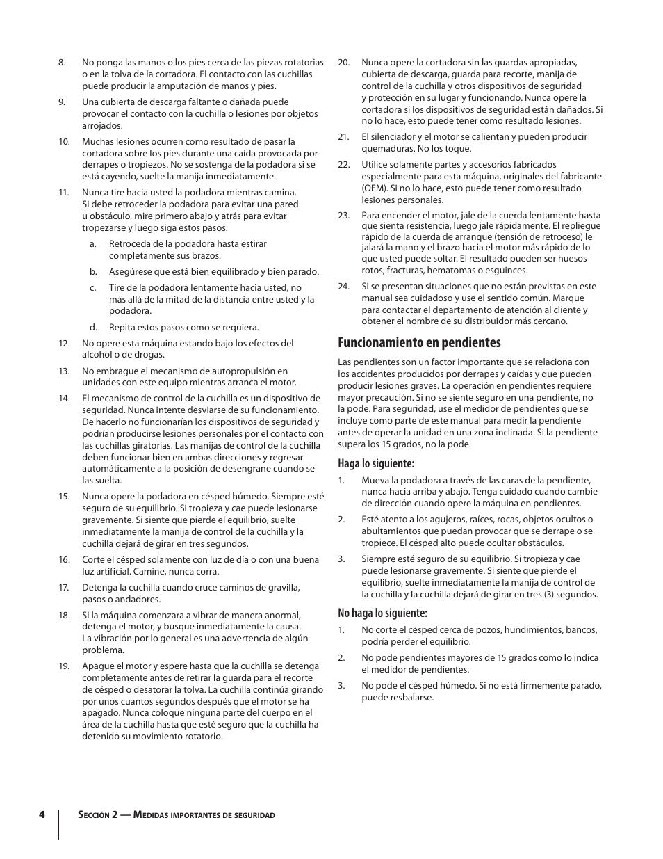 Funcionamiento en pendientes, Haga lo siguiente, No haga lo siguiente | Troy-Bilt TB260 User Manual | Page 30 / 52