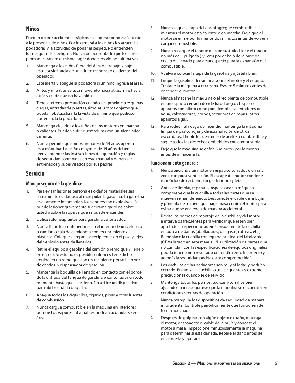 Niños, Servicio, Manejo seguro de la gasolina | Funcionamiento general | Troy-Bilt TB260 User Manual | Page 31 / 52