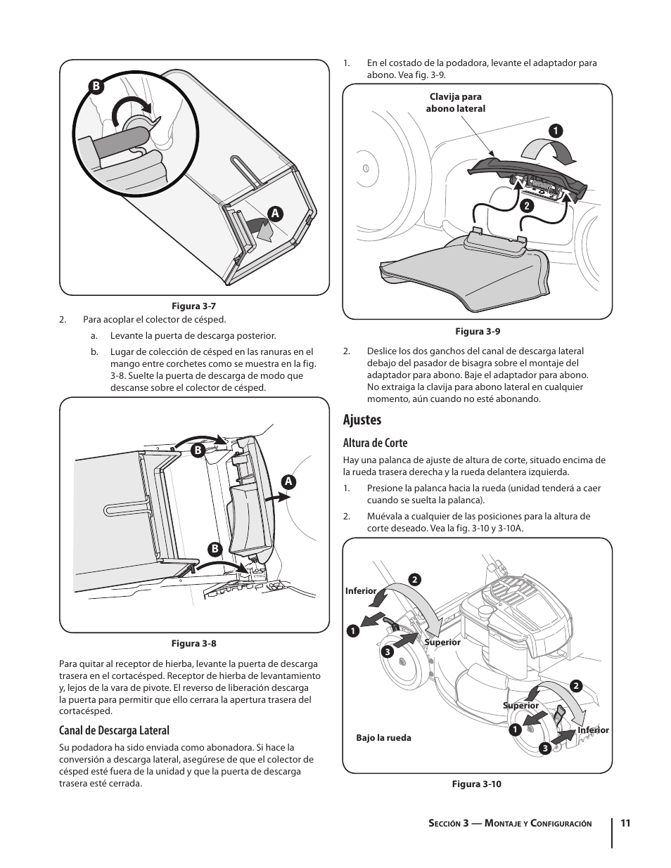 Ajustes, Altura de corte, Canal de descarga lateral | Troy-Bilt TB260 User Manual | Page 37 / 52