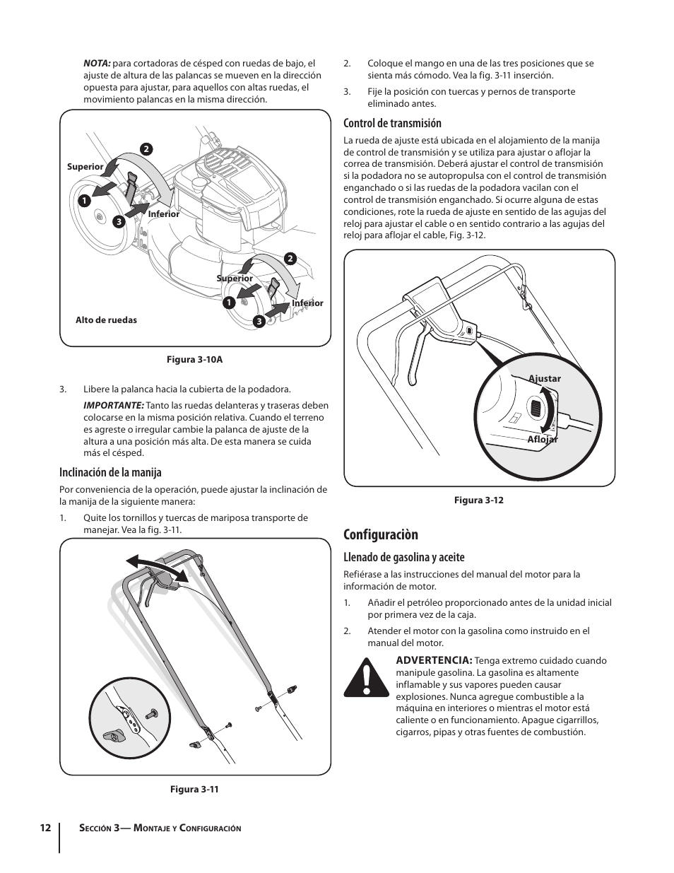 Configuraciòn, Control de transmisión, Llenado de gasolina y aceite | Inclinación de la manija | Troy-Bilt TB260 User Manual | Page 38 / 52