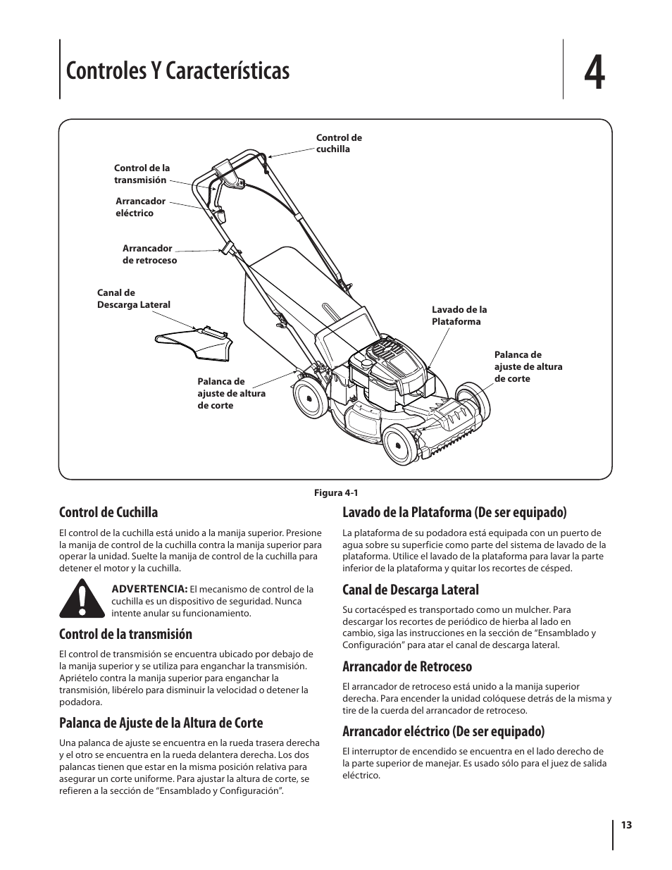 Controles y características, Control de cuchilla, Control de la transmisión | Palanca de ajuste de la altura de corte, Lavado de la plataforma (de ser equipado), Canal de descarga lateral, Arrancador de retroceso, Arrancador eléctrico (de ser equipado) | Troy-Bilt TB260 User Manual | Page 39 / 52