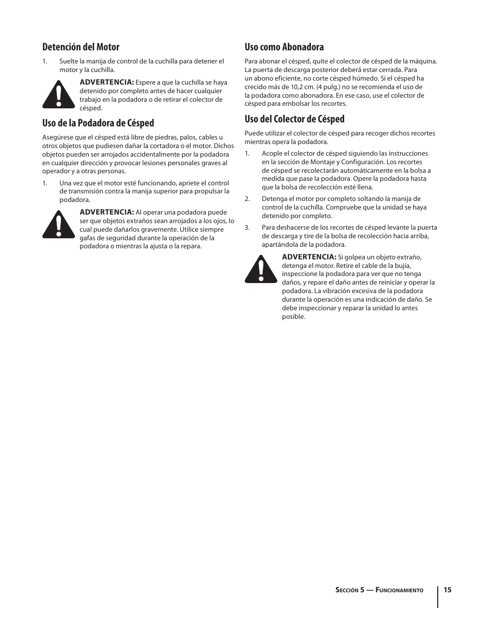Detención del motor, Uso de la podadora de césped, Uso como abonadora | Uso del colector de césped | Troy-Bilt TB260 User Manual | Page 41 / 52
